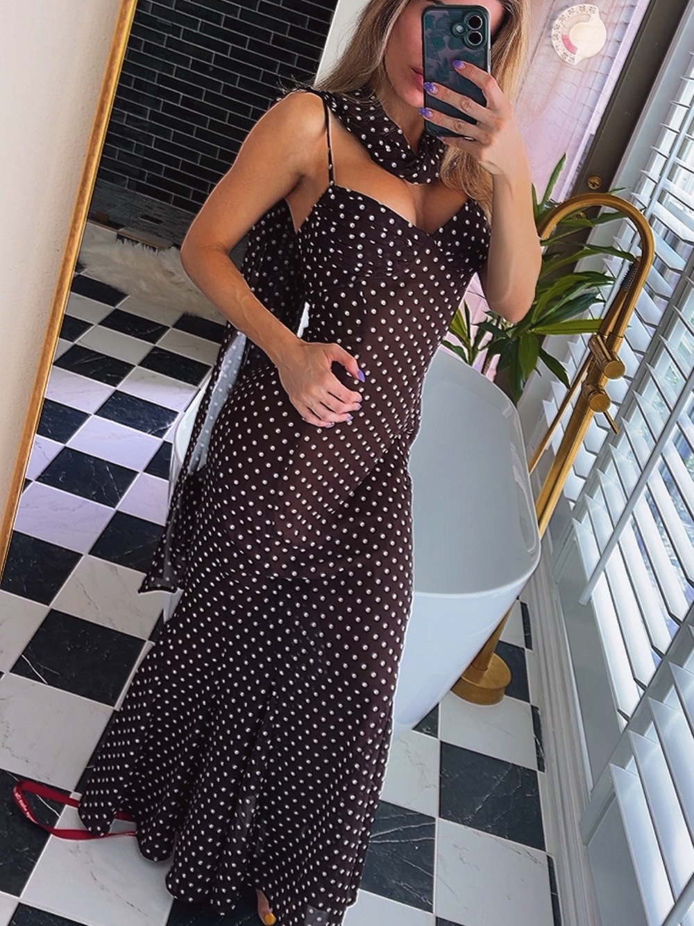 Yadira Brown Base Polka Dot Chiffon Maxi Dress